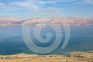 Top view from Masada fortress to the Judean desert and the Dead Sea