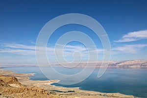 Top view from Masada fortress to the Judean desert and the Dead Sea