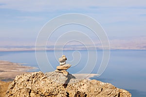 Top view from Masada fortress to the Judean desert and the Dead Sea