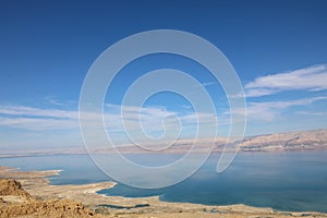 Top view from Masada fortress to the Judean desert and the Dead Sea