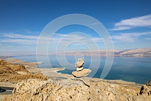 Top view from Masada fortress to the Judean desert and the Dead Sea