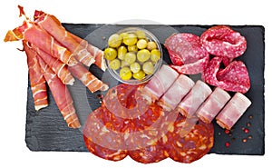 Top view of meat platter on slate board