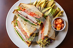 top view of a meaty, veggie-filled clubhouse sandwich