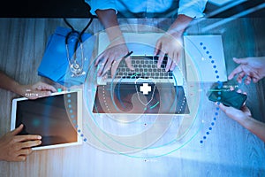 top view of Medicine doctor hand working with modern computer an