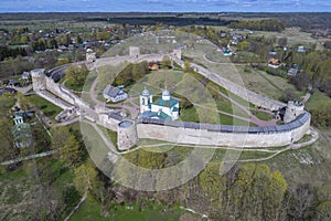 Top view of the medieval Izborsk fortress. Pskov region, Russia