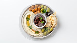 a top view Mediterranean appetizer party idea featuring a Middle Eastern meze platter with green pita and falafel on an