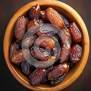 Top view of Medjool dates in wooden bowl, highly nutritious