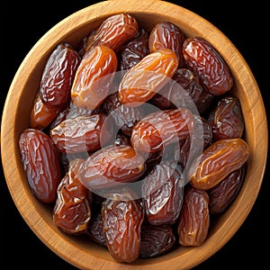 Top view of Medjool dates in wooden bowl, highly nutritious