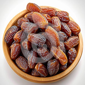 Top view of Medjool dates in wooden bowl, highly nutritious
