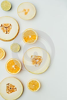 top view of melon lime and orange slices