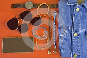 Top view of men accessories. Hipster or modern man concept. Accessories for going for a walk. Male fashion accessories