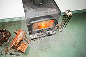 Top view of metal fireplace with fire