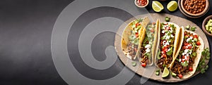 Top view of Mexican Street Tacos with miced meat, fresh cilantro, tomato and lime wedges. Wide banner with copy space for text