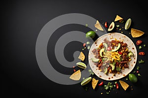 Top view of Mexican taco on black surface, corn tortilla surrounded by ingredientes with minced meat, avocado, fresh cilantro, photo