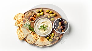 Top view Middle Eastern meze platter with green falafel, pita, Mediterranean appetizer party idea on isolate white