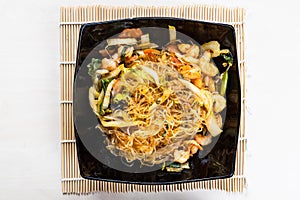 Top view of Mien Xao wok stir-fried glass noodles