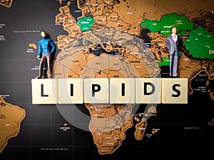 Top view miniature people and toys word with text LIPIDS