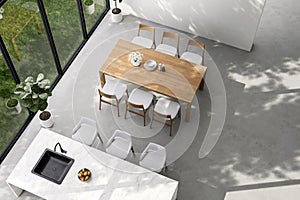 Top view of minimal loft style dining and kitchen with nature view 3d render