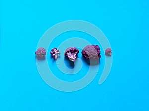 Top view of a minimalistic violet or purple cauliflower over a blue background