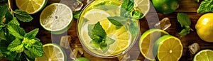 Top View Minty Mojito Mocktail With Lime Wedges Banner Background. Generative AI