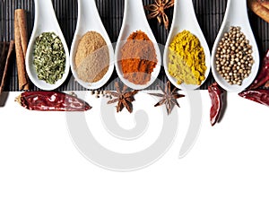 Top view on mixed dry colorful spices isolated on white background