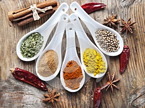 Top view on mixed dry colorful spices on wooden rustic table