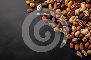 Top view of mixed nuts on stone table surface. Generate ai