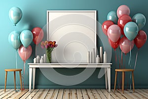 Top view mockup, colorful balloons, white frame, blue wooden table