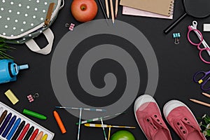 Top view mockup of Education`s accessories with backpack, student books, shoes, colorful crayon, eye glasses, empty space on