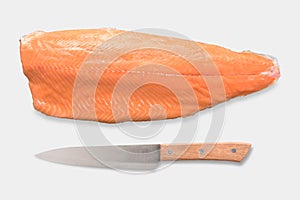 Top view of mockup fresh salmon and knife set isolated on white