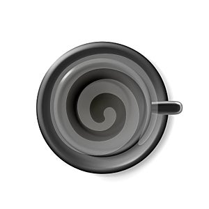 Top view mockup of a realistic blank empty black cup for coffee, tea. Tea set 3d illustration of a mug on a saucer detailed, a