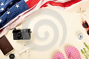 Top view model plane, camera and American flag