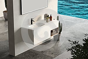 Top view of modern bathroom cabinet with white wall,