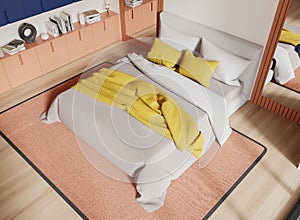 Top view of modern hotel bedroom interior with bed and sideboard