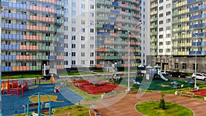 Top view of modern landscape of Playground in residential area. Motion. Colorful Playground with benches for recreation