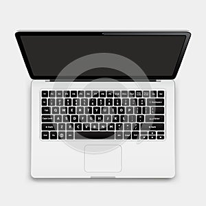 Top view of modern laptop with English keyboard isolated on white background