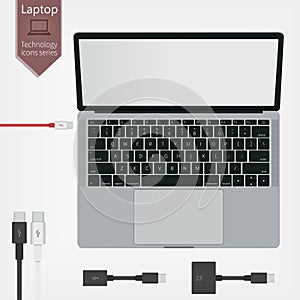 Top view of modern laptop with USB type C connectors isolated on white background.