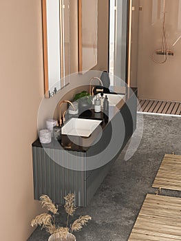 Top view of modern luxury bathroom interior with beige and white walls, bathtub, double sink