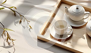 Top view of modern minimal beautiful white ceramic teapot teacup with saucer on brown straw mat wooden tray on cream tablecloth in