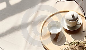 Top view of modern minimal beautiful white ceramic teapot teacup with saucer on brown straw mat wooden tray on cream tablecloth in