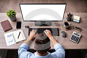 Top View Modern Office Desk With Blank Computer Screen And Clean Work Setup