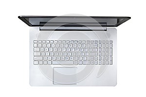 Top view of modern silver laptop with English keyboard isolated on white background with clipping path