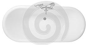 Top view of a modern white bathtub with a stainless metal faucet isolated on a white background