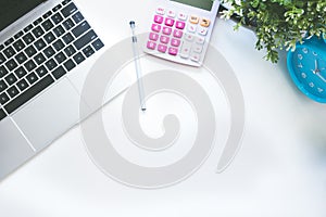 Top view of modern work space office desk table with computer