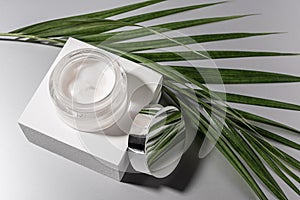 top view of moisturizing cream in glass jar with palm leaf