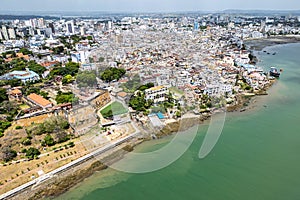 Top view of Mombasa Kenya. city view from above to Mombasa embankment with Fort Jesus.