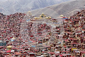 Top view monastery at Larung gar Buddhist Academy, Sichuan, China
