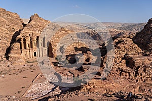 Top view of The Monastery in Petra ancient city, one of seven wonders in the world, Jordan