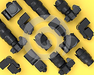 Top view of monochrome designer workspace and photography gear on yellow