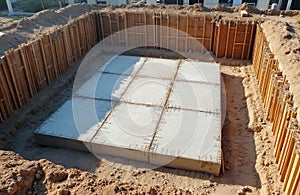 Top view of monolithic reinforced concrete foundation after formwork removal at construction site. Foundation pit with slab base